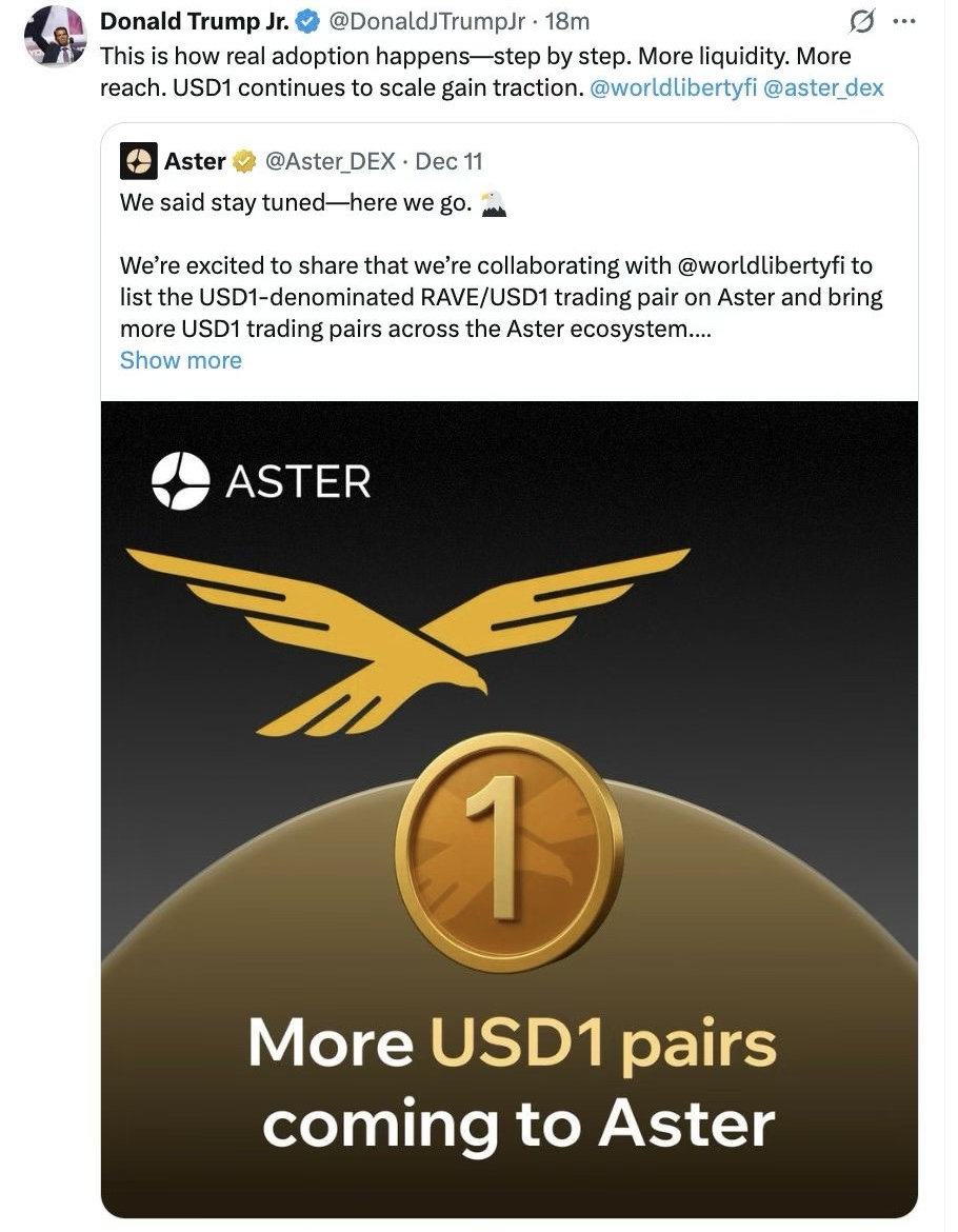 特朗普长子社媒关注Aster与USD1合作动态，RAVE/USD1链上交易量已突破6000万美元